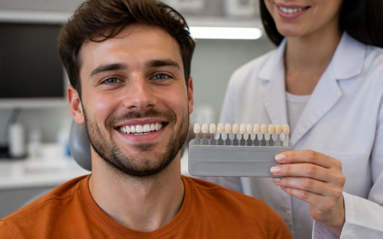 Paciente sorrindo ao lado de dentista que segura guia de cores dentais