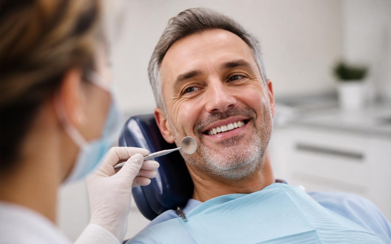 Paciente sorrindo durante consulta de avaliação de implante dentário