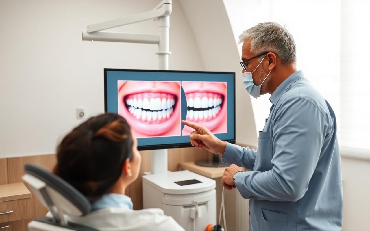 Dentista mostrando simulação digital de sorriso em tela para paciente